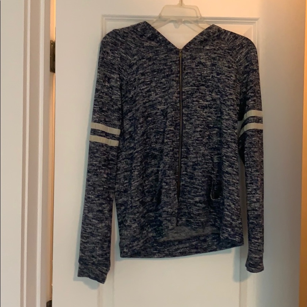 Blue hoodie with arm stripes
